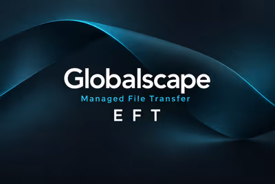 Globalscape EFT wordmark on a dark teal background with a folded ribbon