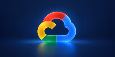 A glass Google Cloud logo on a dark navy background
