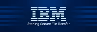 IBM eight-bar logo and Sterling Secure File Transfer name on a dark blue background with horizontal bands