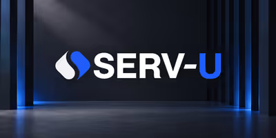 Serv-U logo in white and cobalt blue against a dark background with vertical architectural fins