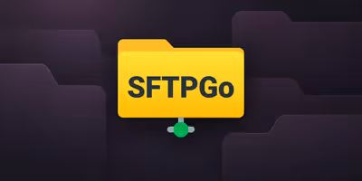 SFTPGo yellow folder logo on a dark plum background with layered folder shapes