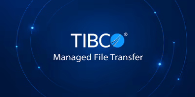 TIBCO logo and Managed File Transfer name surrounded by fine blue arcs on a dark background