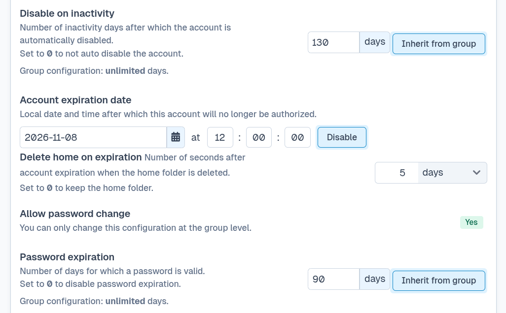 SFTPPlus Web Manager account lifecycle configuration.
