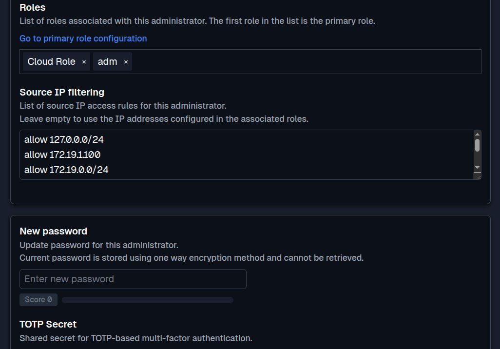 SFTPPlus Web Manager administrator configuration in dark mode.