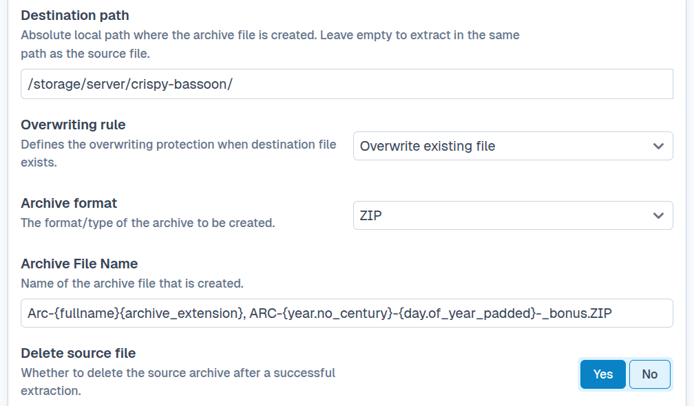 SFTPPlus Web Manager archive creation configuration.