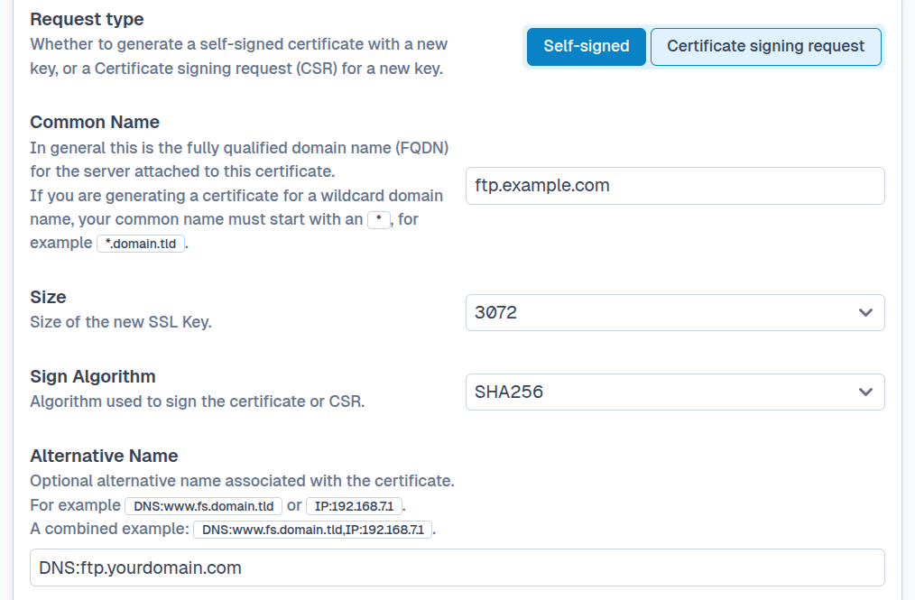 SFTPPlus Web Manager certificate signing request generation.
