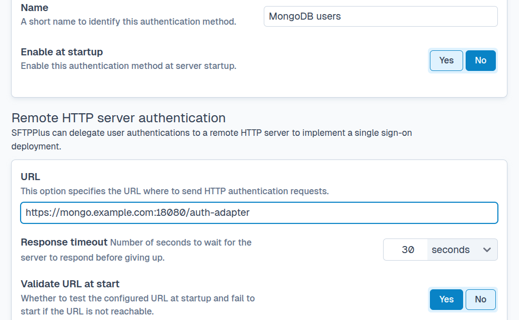 HTTP API authentication configuration in SFTPPlus Web Manager.