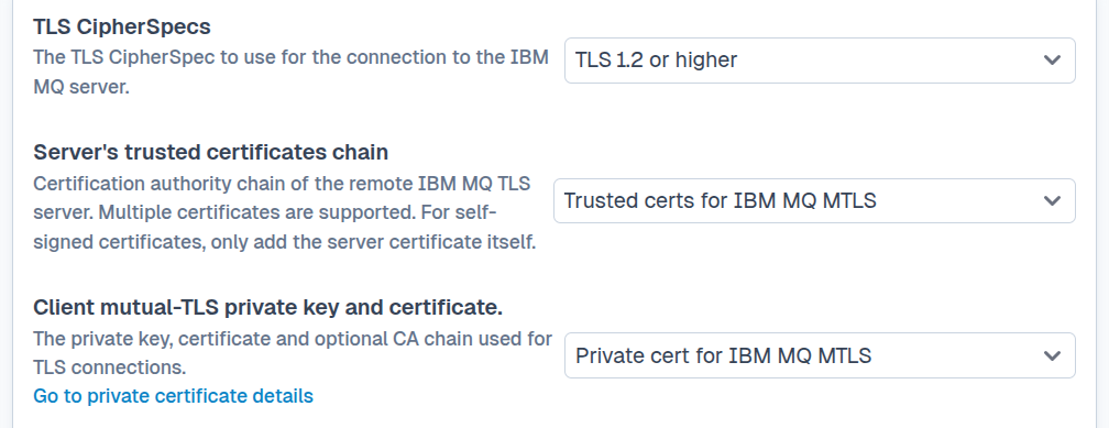 SFTPPlus Web Manager IBM MQ TLS configuration.