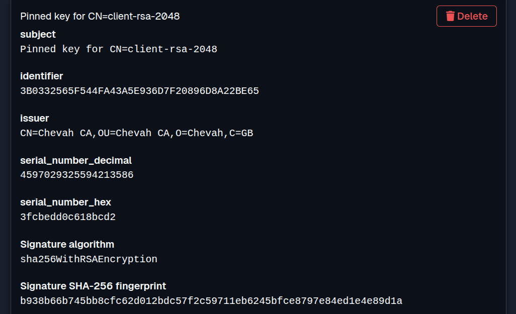 SFTPPlus Web Manager public key pinning configuration in dark mode.
