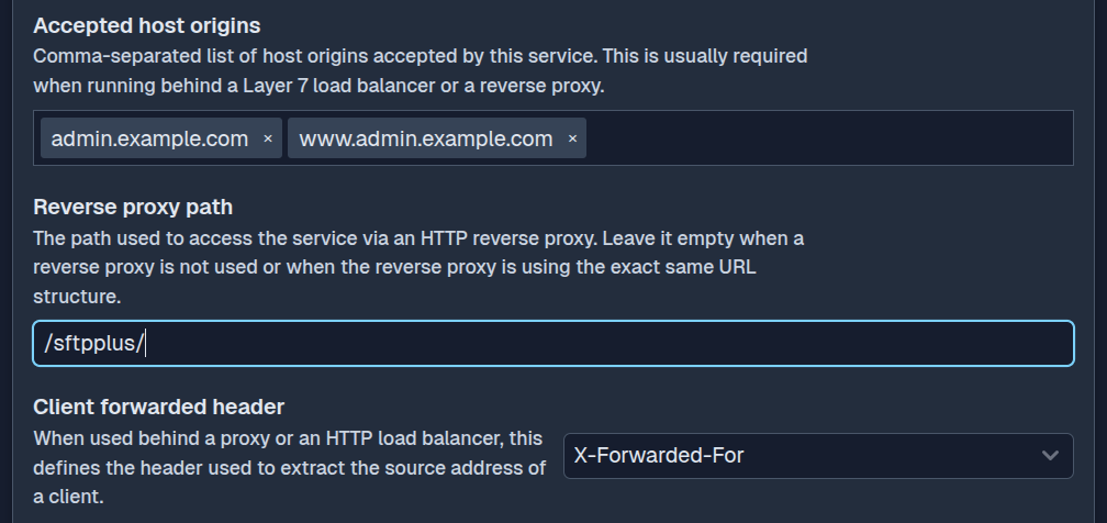 SFTPPlus Web Manager reverse proxy configuration in dark mode.