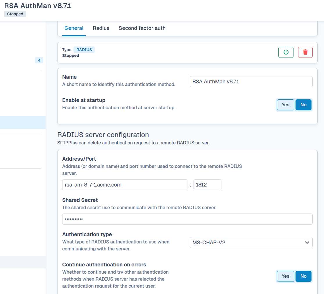SFTPPlus RADIUS method with the RSA server address, port, masked shared secret, and authentication type.