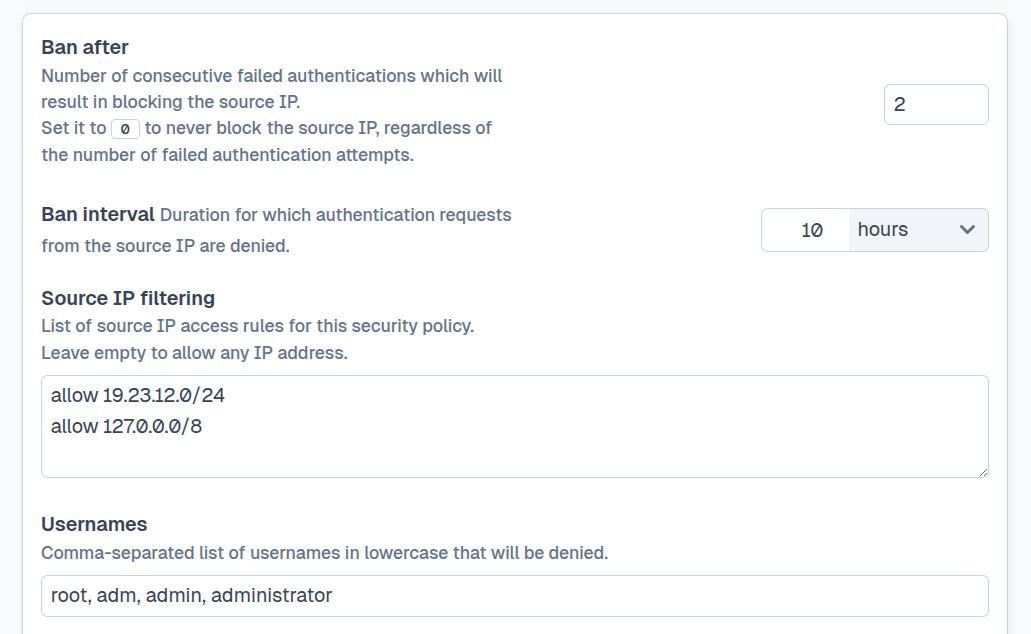 SFTPPlus Web Manager source IP blocking settings.