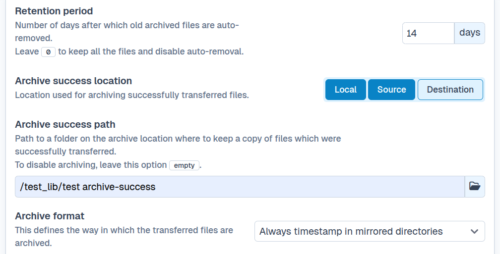 SFTPPlus Web Manager transfer archive configuration.