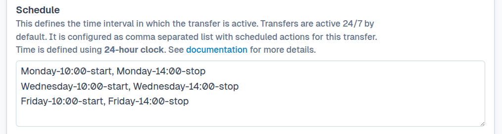 Transfer schedule configuration in SFTPPlus Web Manager.